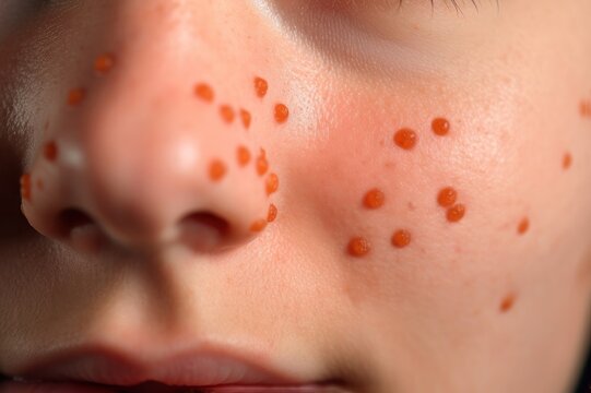 Acne on the girl's face. Image close-up. Close-up of the face of a girl with problem skin. The part of the face and lips without makeup, acne and raw face