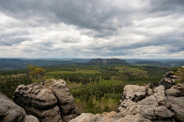 Scenic view of Gohrisch from a top of a cliff surrounded by green trees. Saxon Switzerland, Germany.