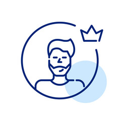 Premium user avatar. Young man with short hair and beard wearing t-shirt. Crown symbol. Pixel perfect, editable stroke icon