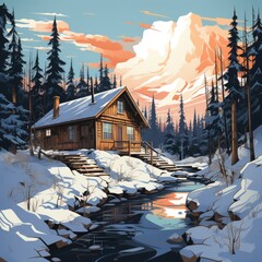 In the snowy forest, a cabin stands with tree-filled background. (Illustration, Generative AI)