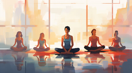 Woman sitting in a fitness studio with her yoga class in style like oil painting mixed with flat vector art illustration