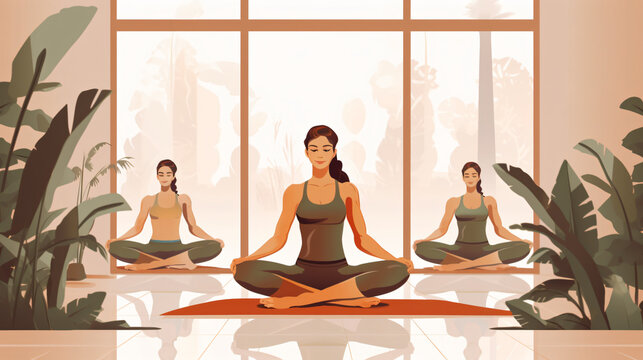 Woman sitting in a fitness studio with her yoga class in style like oil painting mixed with flat vector art illustration