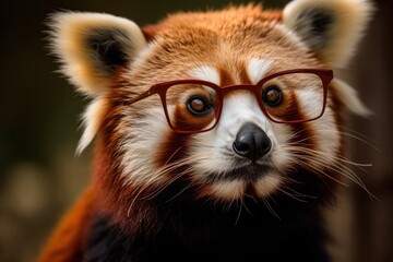 Obraz premium Portrait of himalayan red panda wearing eyeglasses closeup. Back to school and education concept. Smart cat