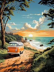 Un van avec une plage en arri&egrave;re plan, IA g&eacute;n&eacute;rative, G&eacute;n&eacute;rative, IA 