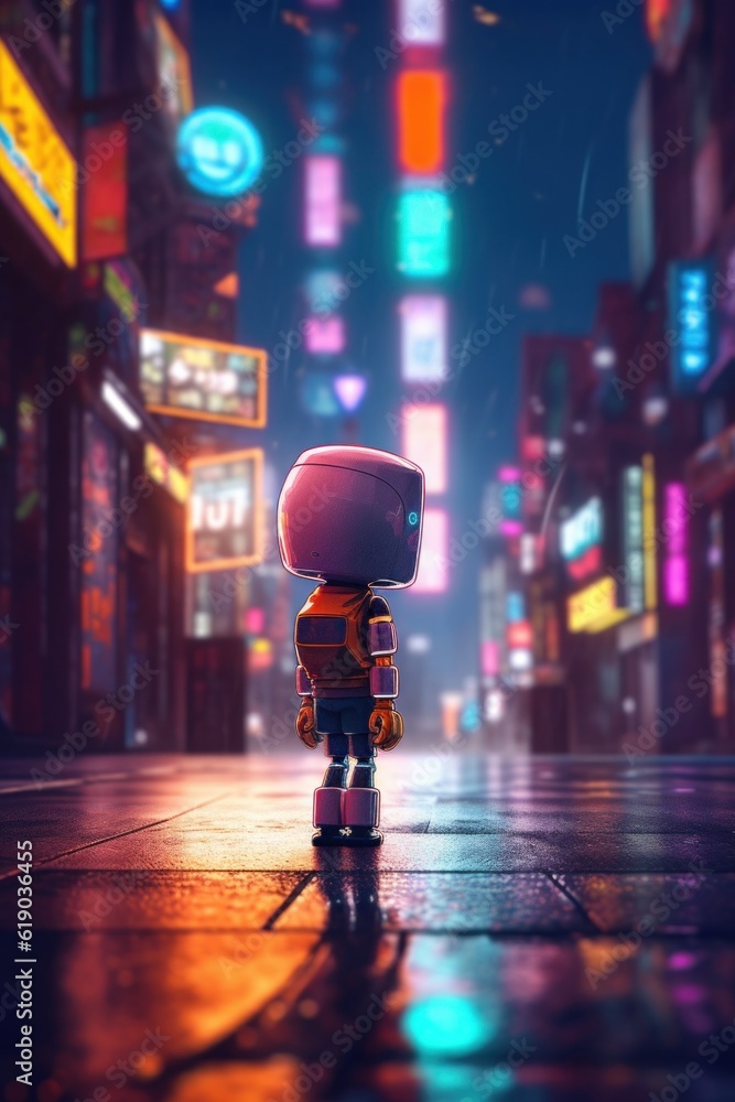 Aufkleber a robot standing in the middle of a city at night. generative ai image.