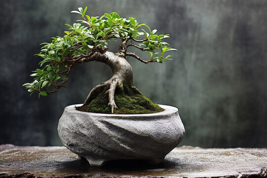 Bonsai tree in stone pot. Generative AI.