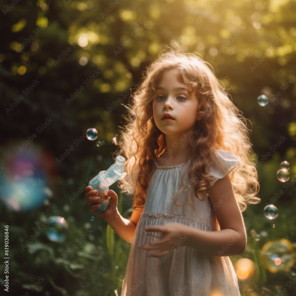 Poster a little girl blowing bubbles in a field. generative ai image.