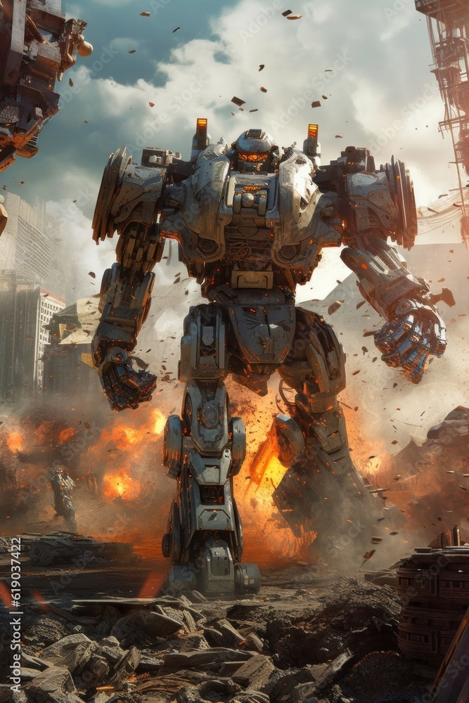 Aufkleber a giant robot standing on top of a pile of rubble. generative ai image.