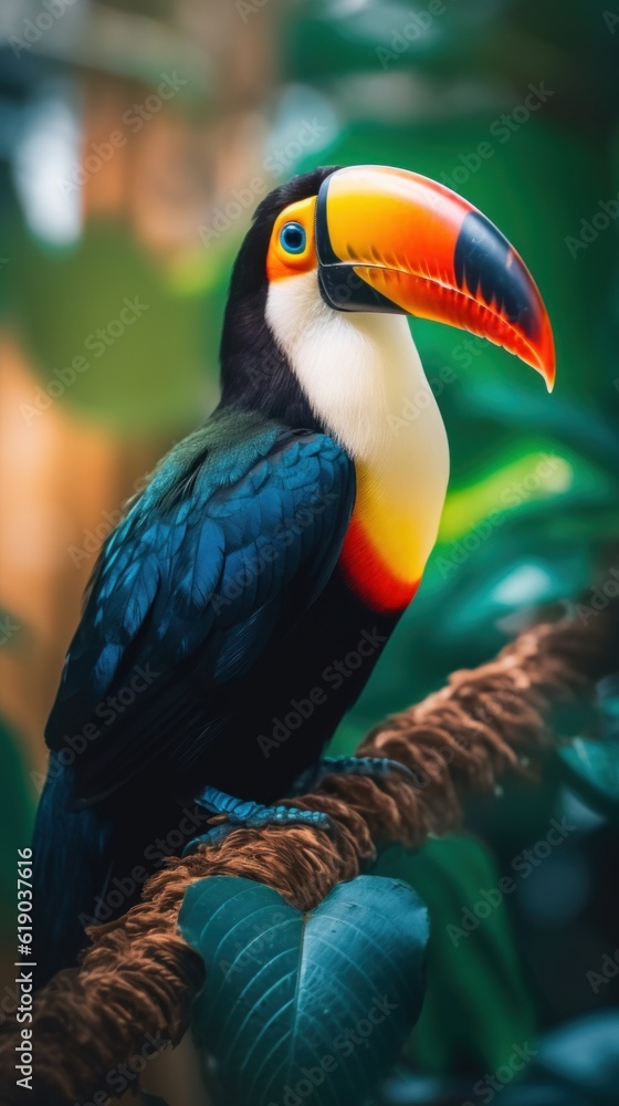 Poster a colorful bird sitting on top of a tree branch. generative ai image.