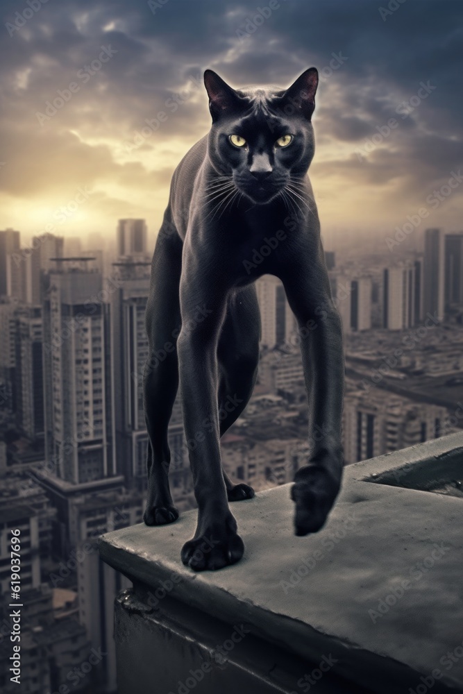 Poster A black cat standing on top of a building. Generative AI image.