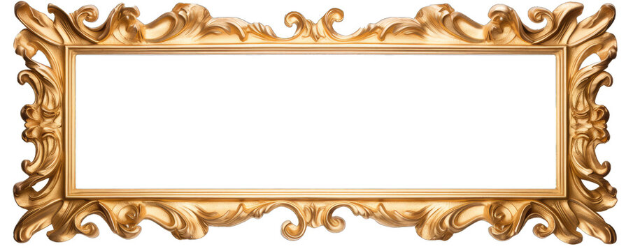 Golden baroque frame on transparent background.  Decorative elegant luxury design, golden elements in baroque, rococo style. 