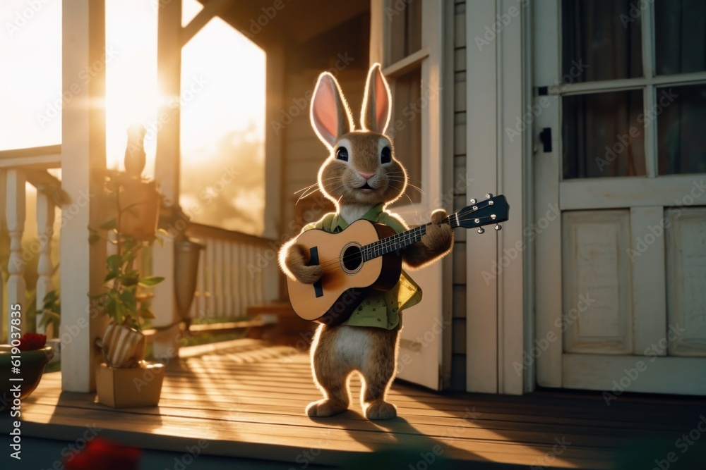 Poster a rabbit playing a guitar on a porch. generative ai image.