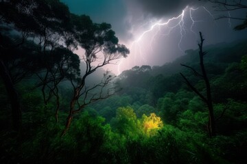 Lightning thunderstorm flash over the night sky in rainforest. Concept of tropic weather, cataclysms (hurricane, Typhoon, tornado, storm).Electrical storm on the amazon rainforest