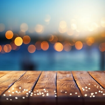 Festive background. An empty wooden table surface and garlands or lights of a night city in the background. Generative AI.