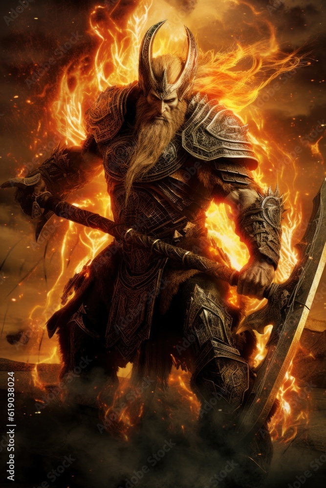 Poster a norse scandinavian god or hero in armor holding a sword in front of a fire. generative ai image.