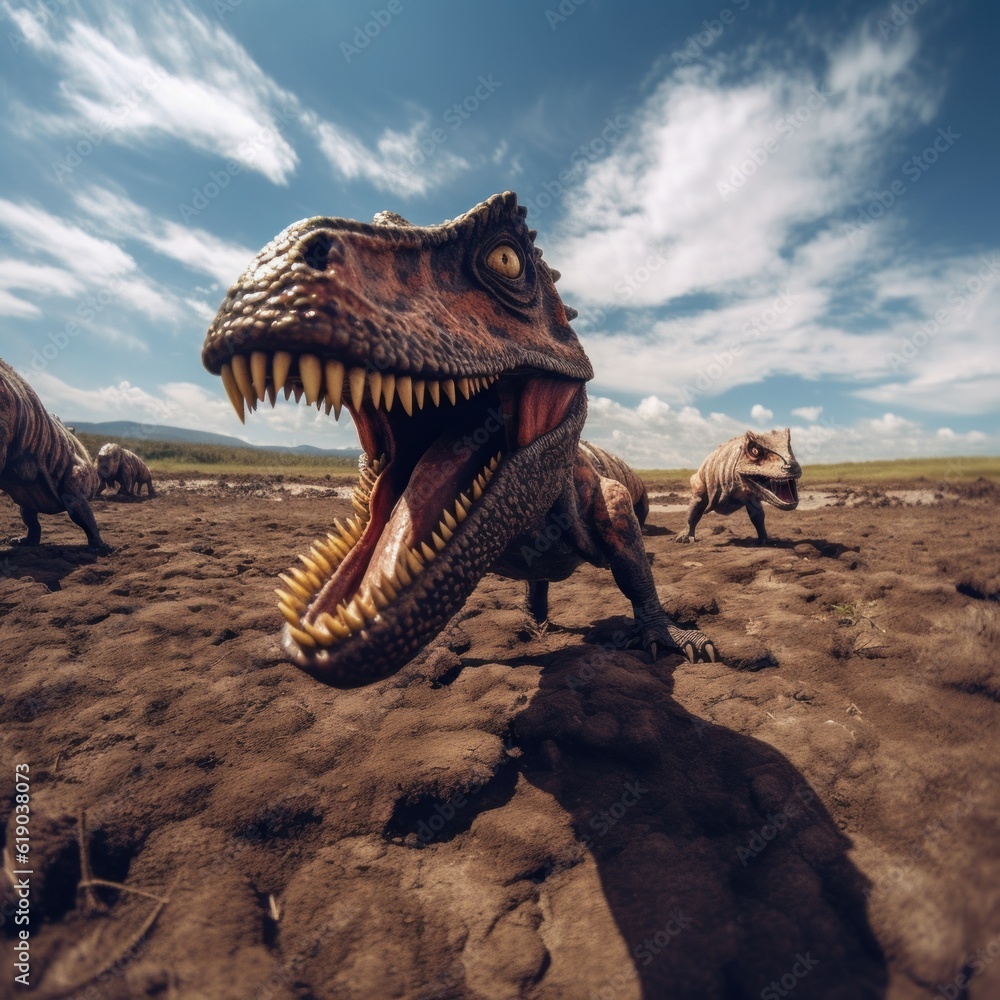 Poster a dinosaur with its mouth open in a field. generative ai image.