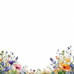 Fototapeta na wymiar Watercolor illustration, greeting card design, border of colorful wildflowers, frame of field meadow flowers on a white background. Copy space. AI generated