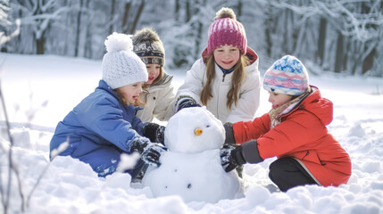 childhood, children build a snowman from snow in winter, made with Generative AI