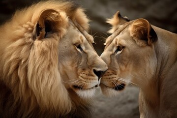 Portrait of lion with lioness in mood for love close up. Lion couple face to face. Lion couple having a sweet moment together - obrazy, fototapety, plakaty