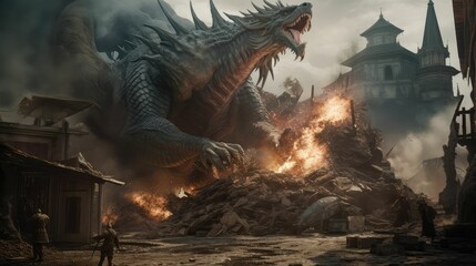 battle scene between a dragon and an army of orcs