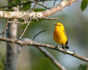 Small yellow warbler bird perched on a tree branch against a backdrop of lush green foliage