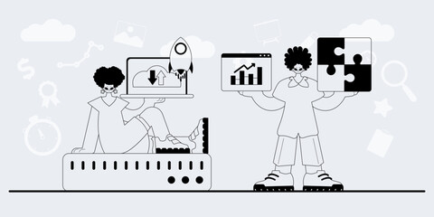 Fototapeta premium A team that specializes in SEO . trendy exemplar in a analogue manner. Trendy style, Vector Illustration