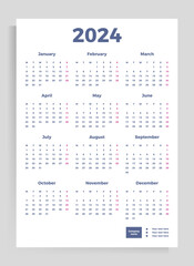 Calendar poster for 2024. Vector vertical template A4 format.
