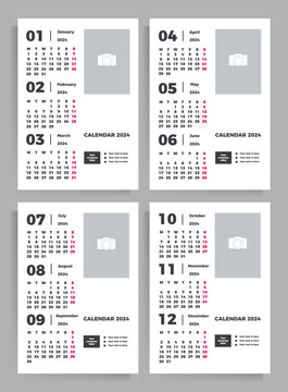 Quarterly calendar 2024 year. Set of vertical vector templates with place for your image.