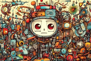 Kawaii doodle monsters, city, cat, robot for child coloring books, Generative AI