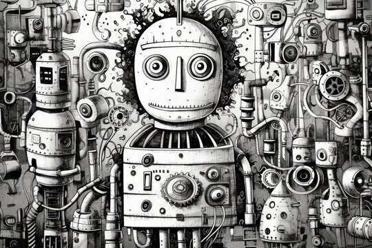 Kawaii doodle monsters, city, cat, robot for child coloring books, Generative AI