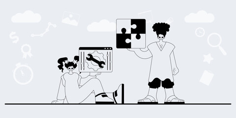 A team that specializes in SEO . trendy exemplar in a analogue manner. Trendy style, Vector Illustration