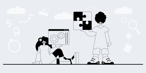 A team that specializes in SEO . trendy exemplar in a analogue manner. Trendy style, Vector Illustration