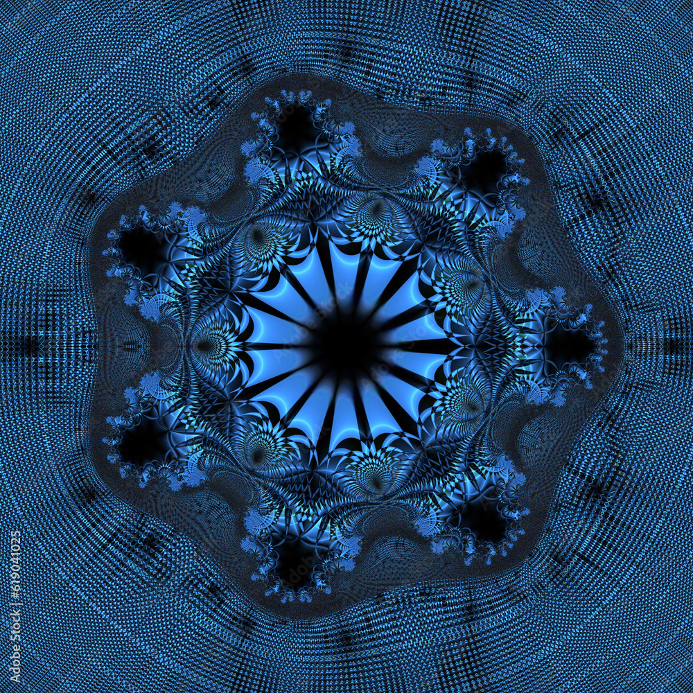 Poster exploding style design in cobalt blue circular pattern on a plain black background