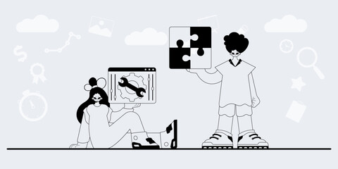 A team that specializes in SEO . trendy exemplar in a analogue manner. Trendy style, Vector Illustration