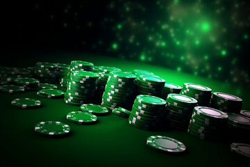green casino chips close-up on a green glowing background