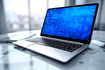 Laptop computer with financial currency symbol screen on white table over blur city tower and skyscraper, Business and technology online concept, Generative AI
