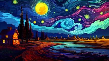hand drawn cartoon beautiful autumn night farm illustration under the starry sky
