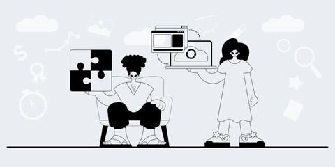 A team that specializes in SEO . trendy exemplar in a analogue manner. Trendy style, Vector Illustration