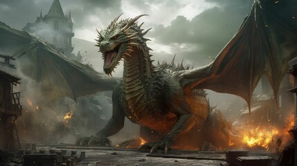 fiery red dragon, in the middle of a destroyed city, thick smoke in the sky, very real, scary