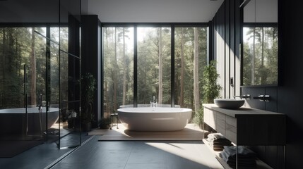 serene bathroom with a white bathtub next to a window overlooking nature
