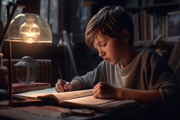 Fototapeta na wymiar Primary school child studying, doing homework at home. Generative AI illustration.