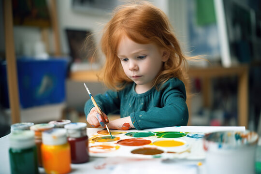 4 year old ginger girl painting with his hands. Generative AI illustration.