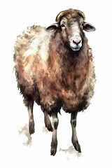 Obraz premium Mouton sur fond blanc, dessin façon aquarelle d'un animal, illustration ia générative
