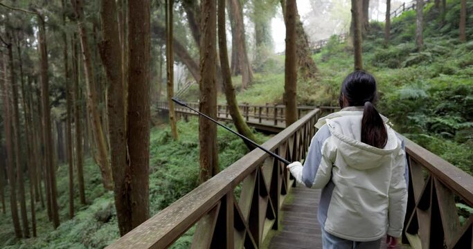 Woman go walking and take video with 360 camera in trail along with pine trees in forest at Alishan national forest recreation area of taiwan