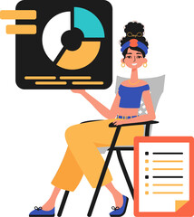 The female child sits in a mince and holds a graph with statistic. Trendy style, Vector Illustration