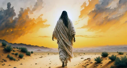 Poster Jesus walking at sunset in the desert. Generative AI © Inspirate