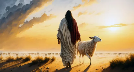 Tuinposter Jesus walking in the desert with sheep. Generative AI © Inspirate