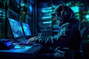 Fototapeta premium Hacker using laptop with binary code digital interface for hacking and deploy malware virus to others networks, Generative AI