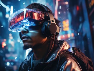 Man wearing a VR headset, futuristic virtual world, digital art illustration and colorful. Generative AI