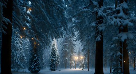 A mystical winter wonderland of snow-dusted evergreens, illuminated by a canopy of twinkling lights. Generative AI